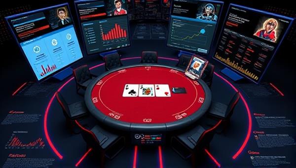 An engaging digital artwork featuring a virtual poker table surrounded by AI-powered training modules, graphs, and statistics, illustrating the immersive and educational environment of PokerGenius Academy