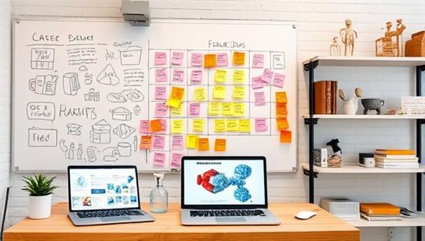 A creative workspace with a whiteboard filled with product sketches, colorful post-it notes with feature ideas, a laptop displaying 3D product models, and a shelf showcasing innovative products, inspiring a culture of creativity and innovation in product development consultancy.