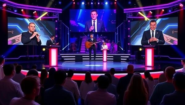 An engaging visual of a live streaming talent show featuring multiple performers on a virtual stage, with audience reactions and interactive voting mechanisms displayed, creating a dynamic and interactive entertainment experience.