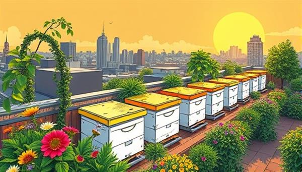 An artistic rendering of a vibrant rooftop garden with beehives placed strategically under the sun, surrounded by lush greenery and colorful flowers, illustrating a harmonious urban beekeeping setup.