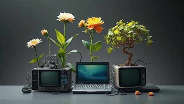 An artistic depiction of old tech gadgets being transformed into blooming plants and trees, symbolizing the concept of tech recycling and environmental sustainability, evoking a sense of eco-consciousness and renewal.