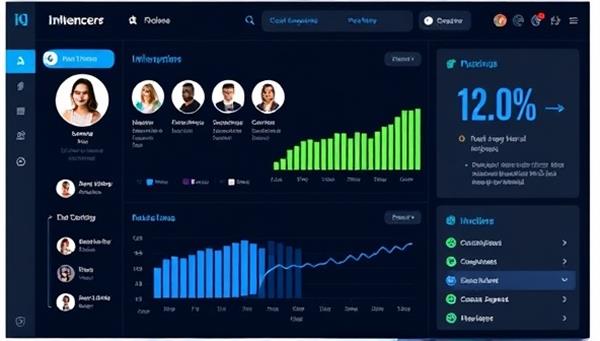 A digital dashboard displaying influencer profiles, engagement metrics, and data-driven insights, with AI algorithms matching brands with influencers in real-time, illustrating the precision and accuracy of InfluencerIQ Connect’s matching capabilities.