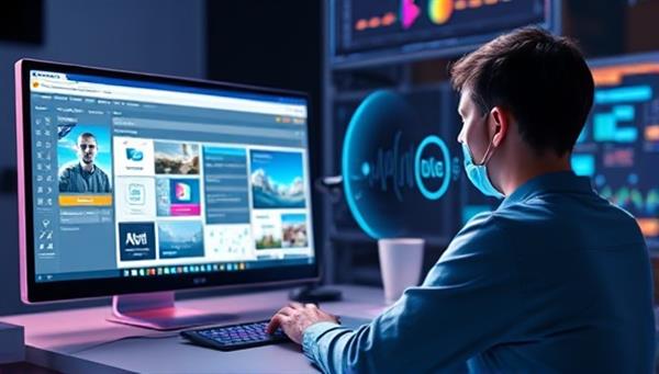 An innovative visualization of VoiceDesign Pro in action, with a designer using voice commands to adjust website elements, accompanied by real-time design changes on the screen and a futuristic voice interface, illustrating the tool