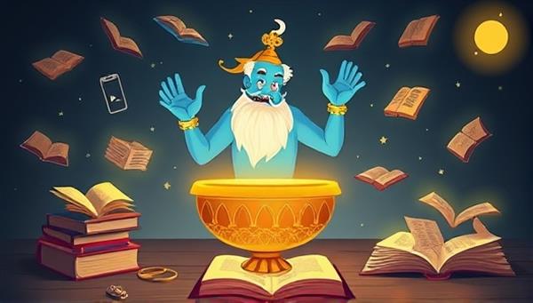 An animated representation of a magical genie emerging from a writing lamp, surrounded by floating books and glowing writing prompts, symbolizing the imaginative and inspirational nature of the AI-driven writing prompt generator app for writers.
