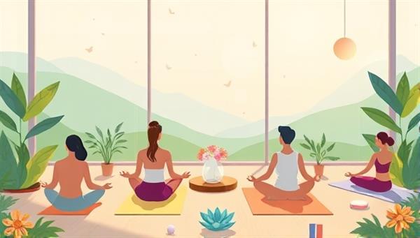 A serene digital illustration showcasing a virtual wellness retreat setting with participants engaging in meditation, yoga poses, and wellness activities, surrounded by nature elements and soothing colors, creating a tranquil and rejuvenating atmosphere for holistic well-being.