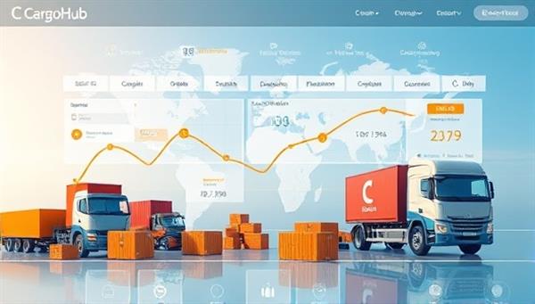 An innovative digital illustration of the CargoHub platform interface displaying real-time cargo consolidation and route optimization features, with a variety of goods being grouped into efficient shipping loads, highlighting cost savings and environmental efficiency in logistics management.