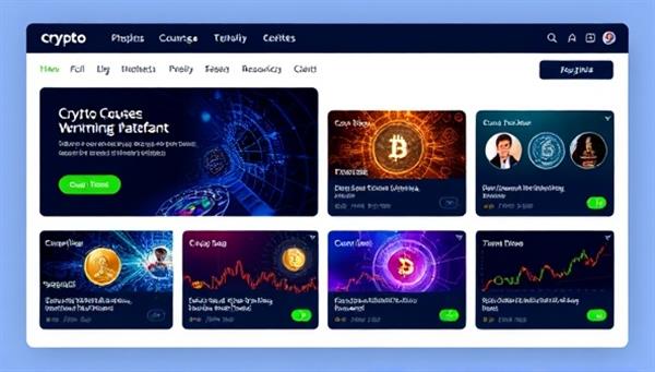 An educational platform interface displaying a variety of crypto courses and resources with vibrant digital graphics and charts, representing a dynamic and engaging learning environment for crypto enthusiasts.