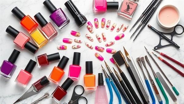 An artistic flat lay of vibrant nail polish bottles, intricate nail art designs, and professional nail tools arranged elegantly on a marble surface, capturing the essence of creativity and precision in nail artistry.