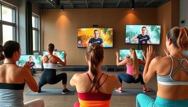 A vibrant virtual fitness class setting with a diverse group of participants following a trainer