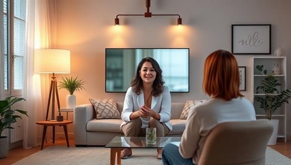 A serene virtual therapy session setting with a licensed mental health professional providing counseling to a client via video call, surrounded by calming decor and therapeutic elements, conveying a safe and supportive environment for remote mental health services.