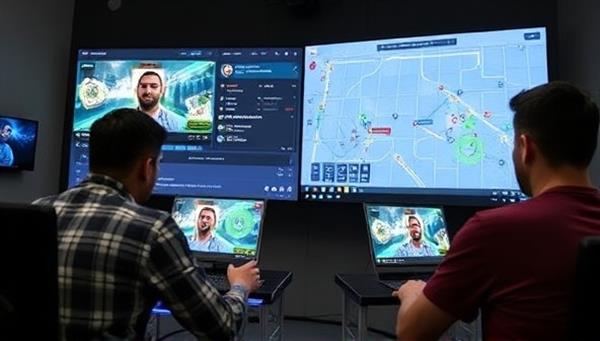 An interactive virtual coaching session between a mentor and a mentee, with gameplay analysis, strategic discussions, and skill-building exercises on-screen, showcasing the immersive and personalized mentorship experience offered by GameMentor Connect.