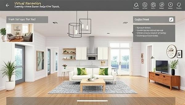 An artistic visualization of a virtual home renovation simulation tool interface, with interactive design elements, customizable features, and realistic renderings of interior spaces, inspiring users to explore and plan their renovation projects creatively and efficiently.
