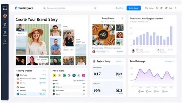 A digital workspace on the platform showcasing a user creating their personal brand story through visual elements, social media profiles, and brand messaging tools, with analytics dashboards and performance metrics displaying brand engagement and reach, creating a personalized and strategic brand development experience.