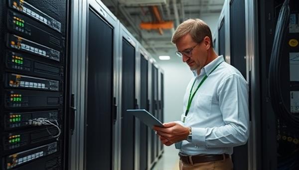 A telecommunications sustainability consultant conducting an energy audit at a data center, inspecting servers, cables, and networking equipment for energy efficiency and environmental impact, highlighting the importance of green telecom practices in reducing carbon emissions.