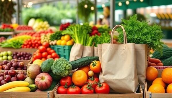 A vibrant farmers market scene with fresh produce, reusable shopping bags, and eco-friendly packaging, symbolizing the sustainable food practices and conscious choices advocated by the consultancy in promoting food sustainability.