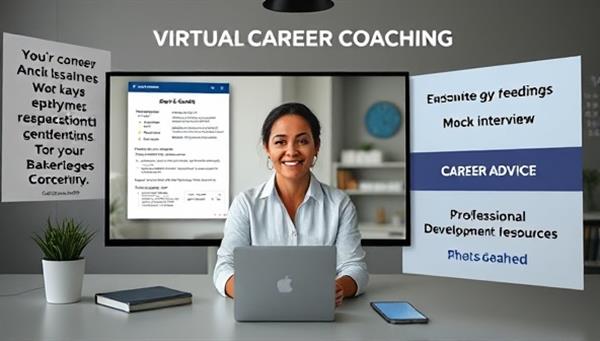 An interactive virtual career coaching session featuring a career coach providing feedback on a digital resume, conducting a mock interview, and offering career advice on a screen, surrounded by motivational quotes and professional development resources, illustrating a dynamic and empowering career coaching experience.