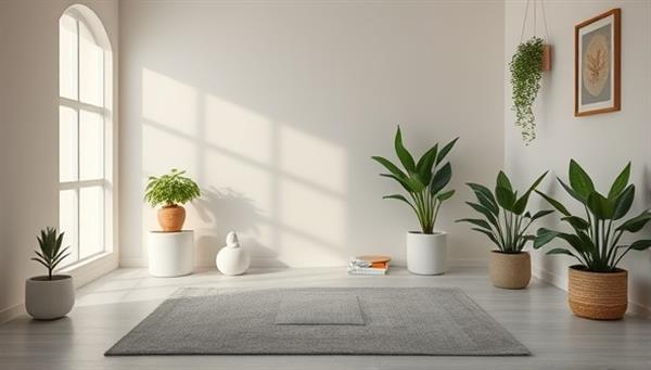 A serene digital detox space with calming colors, plants, and mindfulness tools, designed to promote relaxation and mindfulness in a tech-free environment, illustrating the essence of digital well-being and balance.
