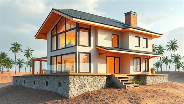 An architectural rendering of a disaster-resilient home featuring reinforced foundations, storm-resistant windows, and innovative structural design elements to withstand extreme weather conditions, emphasizing safety, durability, and modern design in disaster-prone regions.