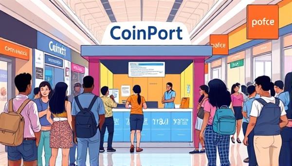 An illustration of a vibrant digital currency exchange kiosk in a bustling mall, with diverse individuals engaging in crypto transactions, highlighting the accessibility and convenience of the CoinPort Network for all users.