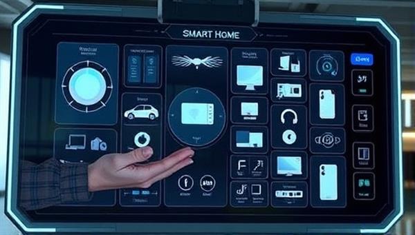 A futuristic smart home control panel displaying various connected devices being monitored and maintained remotely.