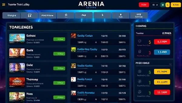 A dynamic tournament lobby interface displaying upcoming challenges, player rankings, and prize pools, illustrating the competitive and engaging nature of SkillWin Casino Arena
