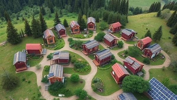 An aerial view of a sustainable tiny house community nestled in a picturesque natural setting, showcasing the compact yet stylish homes, communal green spaces, and solar panels, reflecting the harmonious blend of nature and modern living in the community.