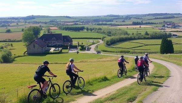 A picturesque countryside landscape with a group of cyclists enjoying a personalized bike tour, capturing the essence of exploration, adventure, and camaraderie in a scenic setting.