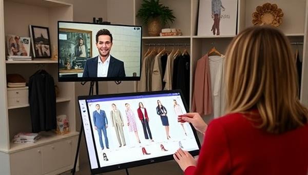 An engaging virtual wardrobe styling session on ChicStyle Guide featuring a professional stylist interacting with a client via video call, showcasing outfit combinations on a digital wardrobe canvas, with fashion magazines and style inspiration boards in the background, creating a chic and personalized style experience.