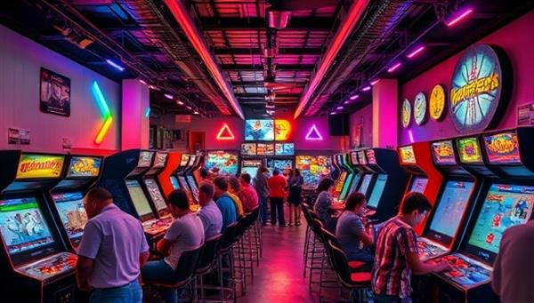 An arcade lounge filled with colorful flashing lights, rows of retro arcade machines, patrons immersed in gameplay, and a snack bar serving nostalgic treats, creating a vibrant and energetic gaming atmosphere.