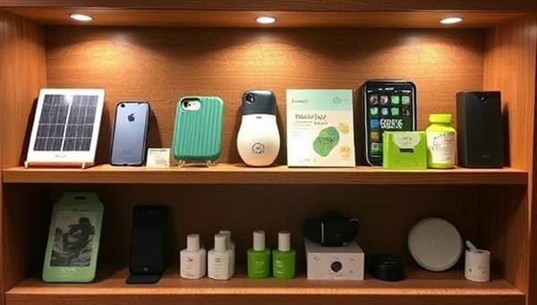 An array of eco-friendly tech gadgets displayed on a virtual shelf, including solar-powered chargers, biodegradable phone cases, and energy-efficient smart devices, highlighting the sustainable and innovative offerings of the rental service.