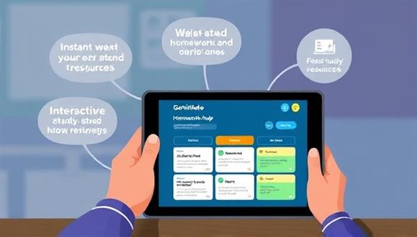An illustration of a student using a tablet with the GeniusMate app interface, showcasing features like instant homework help, study resources, and interactive quizzes, depicting convenience and educational support.