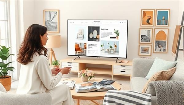 An artistic rendering of a virtual interior design session with a designer presenting a mood board and layout options on a screen, surrounded by swatches, decor samples, and design magazines, illustrating creativity and collaboration in design.