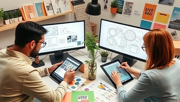 A creative virtual graphic design consultancy setup with designers working on digital tablets, sketching new concepts on screens, surrounded by color swatches and design samples, reflecting a vibrant and dynamic design studio environment.