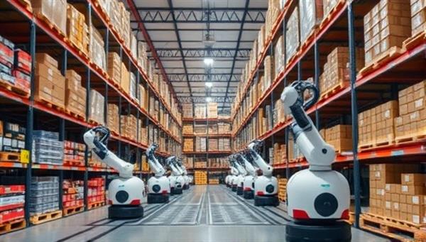A warehouse scene with robotic arms and autonomous robots moving swiftly through aisles, picking items from shelves, and fulfilling orders with precision, illustrating the advanced technology and efficiency of RoboPick Fulfill in warehouse operations.