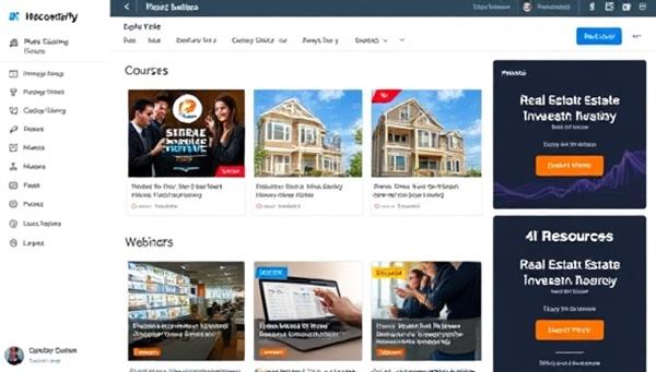 A digital platform interface displaying a variety of real estate investment courses, webinars, and resources with engaging visuals and interactive elements, inviting users to explore and enhance their knowledge in real estate investing.