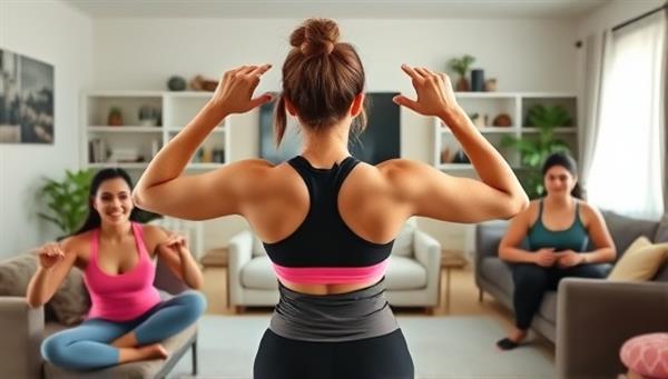 A virtual fitness coach leading a dynamic workout session via video call, with a diverse group of participants exercising in their homes, showcasing convenience and inclusivity.