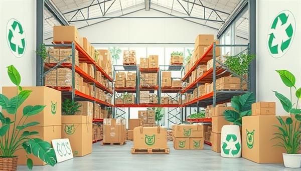 An artistic representation of a warehouse stocked with biodegradable packaging materials, compostable containers, and recyclable shipping supplies, surrounded by green plants and eco-friendly branding elements, conveying a message of sustainability and environmental responsibility.