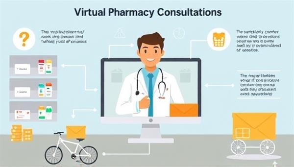 An engaging infographic showcasing the process of virtual pharmacy consultations and medication delivery, featuring a smiling pharmacist on a digital screen assisting a customer, with a backdrop of various medication options and delivery methods, highlighting convenience and expertise.