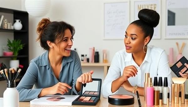 An engaging virtual mentorship session featuring a mentor and mentee discussing beauty career strategies and showcasing beauty products and tools, creating an interactive and educational atmosphere that inspires growth and learning in the beauty industry.