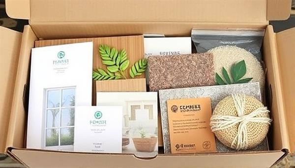 An assortment of eco-friendly building material samples displayed in a sleek, eco-conscious packaging box.