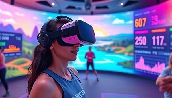 An immersive VR fitness environment with a user wearing a VR headset, engaging in a virtual workout class surrounded by vibrant landscapes, digital workout metrics, and motivational cues, conveying a sense of fun and active engagement.