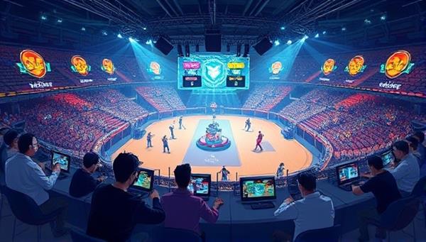 An illustration of a dynamic eSports arena filled with gamers competing in various tournaments, with digital betting interfaces overlaying the gameplay, showcasing the immersive and competitive nature of SkillWager Arena.