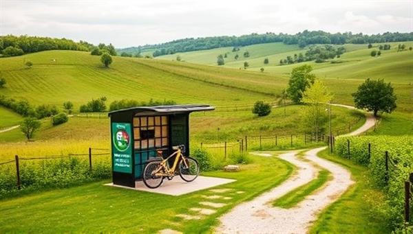 A picturesque image of a rural bike station nestled in a scenic countryside backdrop, surrounded by lush greenery and winding trails, inviting cyclists to embark on a nature-filled adventure with CountryCycle