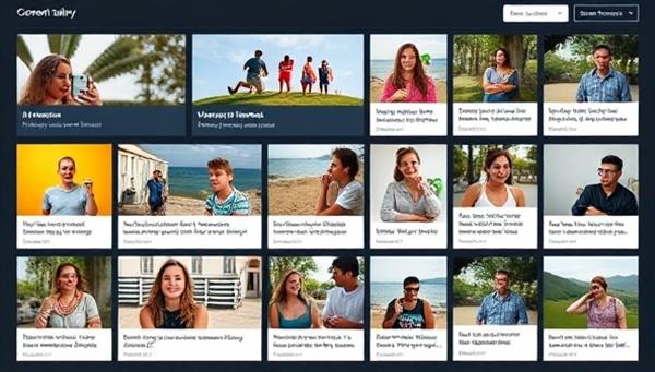 An interactive content gallery displaying a variety of user-generated content pieces, including photos, videos, and testimonials, with vibrant visuals and engaging captions, illustrating the platform