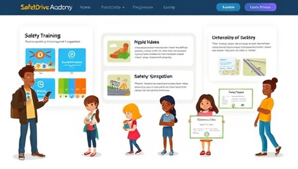 A captivating visual representation of the SafetyDrive Academy platform interface, featuring diverse characters engaging in interactive safety training modules, road simulation scenarios, and virtual certificates of completion, conveying education, awareness, and responsible road behavior.