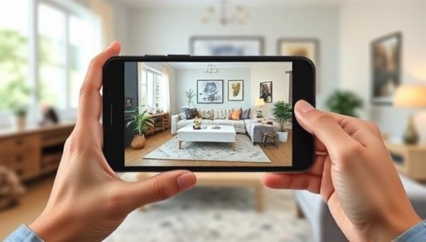 An engaging AR experience showing a user virtually placing furniture items in their living room through a smartphone, highlighting the convenience and visual accuracy of ARtistic Product View