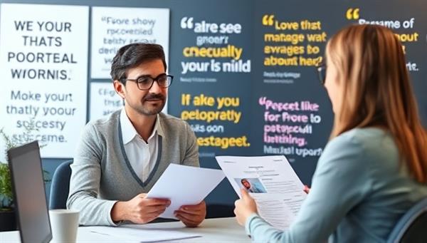 A virtual career coach conducting a coaching session with a client, reviewing a digital resume and career development plan, with motivational career quotes and success stories displayed in the background, symbolizing professional growth and career advancement.