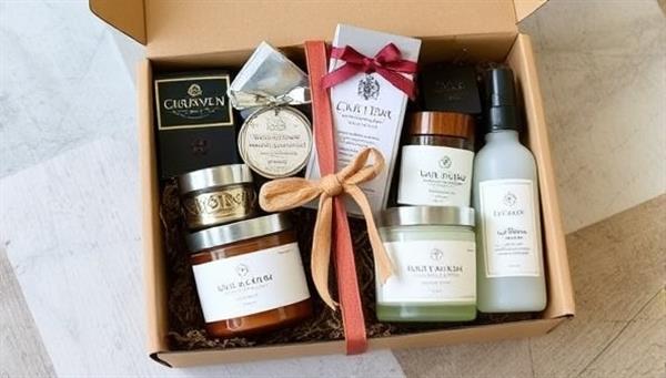 A beautifully designed gift box filled with artisanal chocolates, handmade candles, and locally sourced skincare products, tied with a rustic bow, evoking a sense of luxury and thoughtfulness in gifting.
