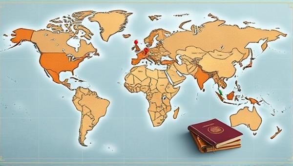 An elegant digital interface displaying a world map dotted with pins representing exotic travel destinations, accompanied by a luxurious travel journal and passport, evoking a sense of wanderlust and adventure.