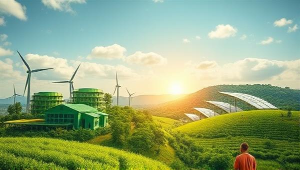 An eco-friendly visual featuring a lush green landscape with sustainable energy sources, green buildings, and diverse communities engaged in positive activities, symbolizing a harmonious blend of financial growth and environmental stewardship, inspiring a sense of responsible investing and impact creation.